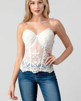 Aurelia Embroidered Lace Mesh Corset Top – White