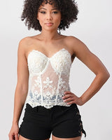 Aurelia Embroidered Lace Mesh Corset Top – White