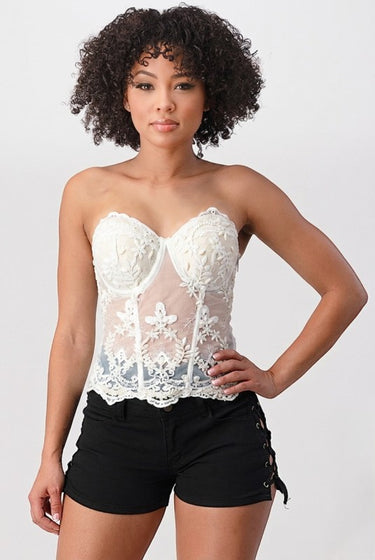 Aurelia Embroidered Lace Mesh Corset Top – White