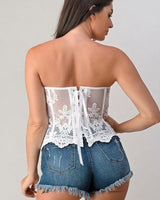 Aurelia Embroidered Lace Mesh Corset Top – White