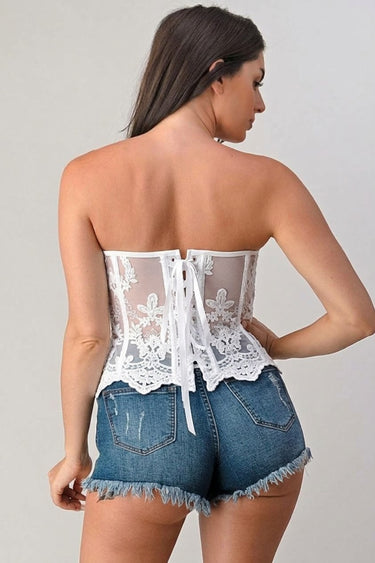 Aurelia Embroidered Lace Mesh Corset Top – White