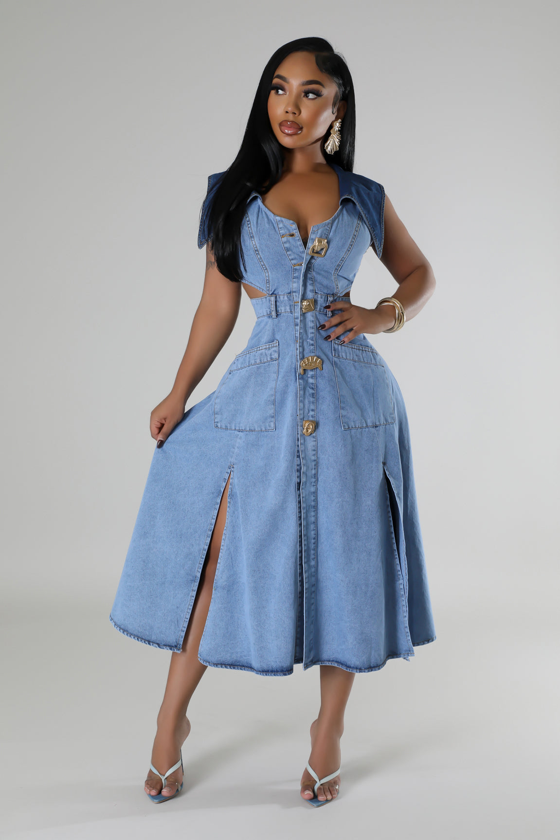 Stylish Denim Glamour Maxi Dress (Light Denim)