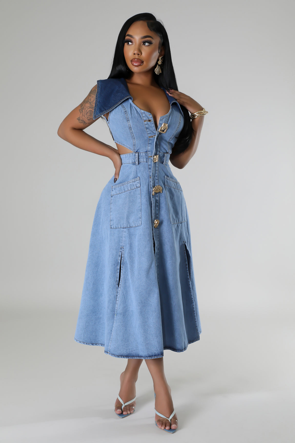 Stylish Denim Glamour Maxi Dress (Light Denim)