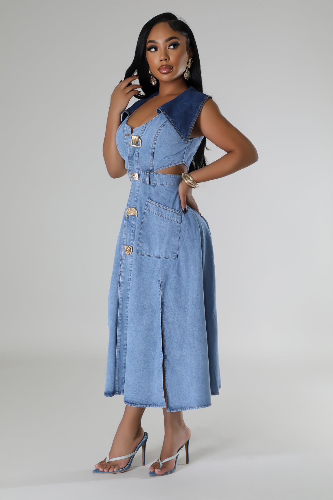 Stylish Denim Glamour Maxi Dress (Light Denim)