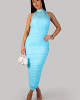 Ruched Mesh Off-Shoulder Midi Dress - Pink | Women's Midi Dress