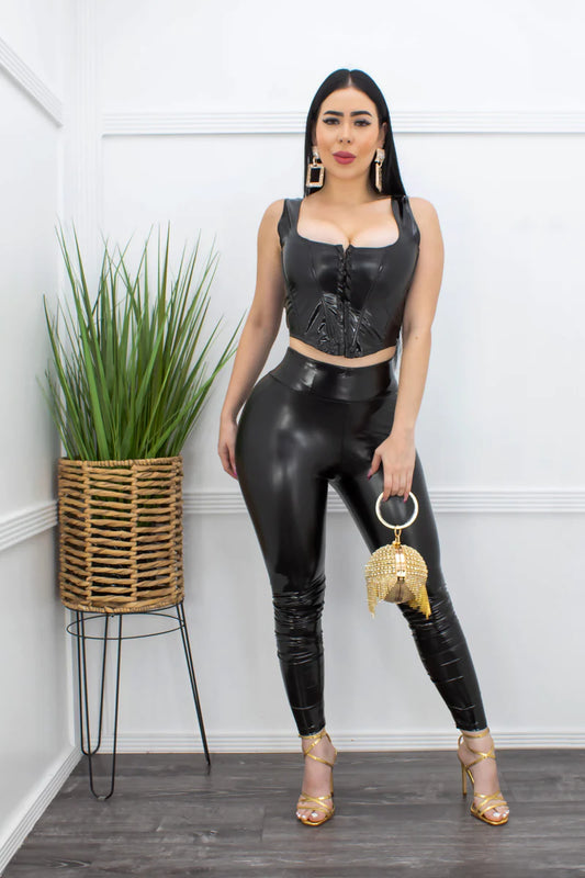 Tight and Shiny Leather Duo Pant Set (Black)