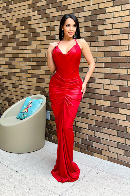 Luxe Draped Evening Gown Dress (Red)