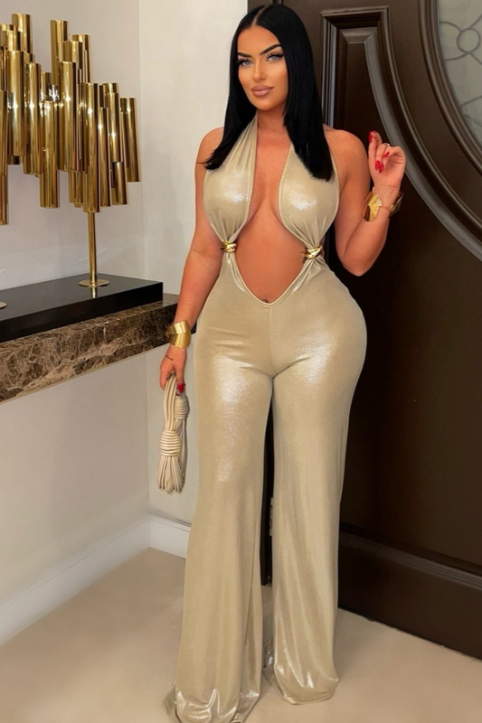 Luxurious metallic gold jumpsuit perfect for evening wear and upscale events.
