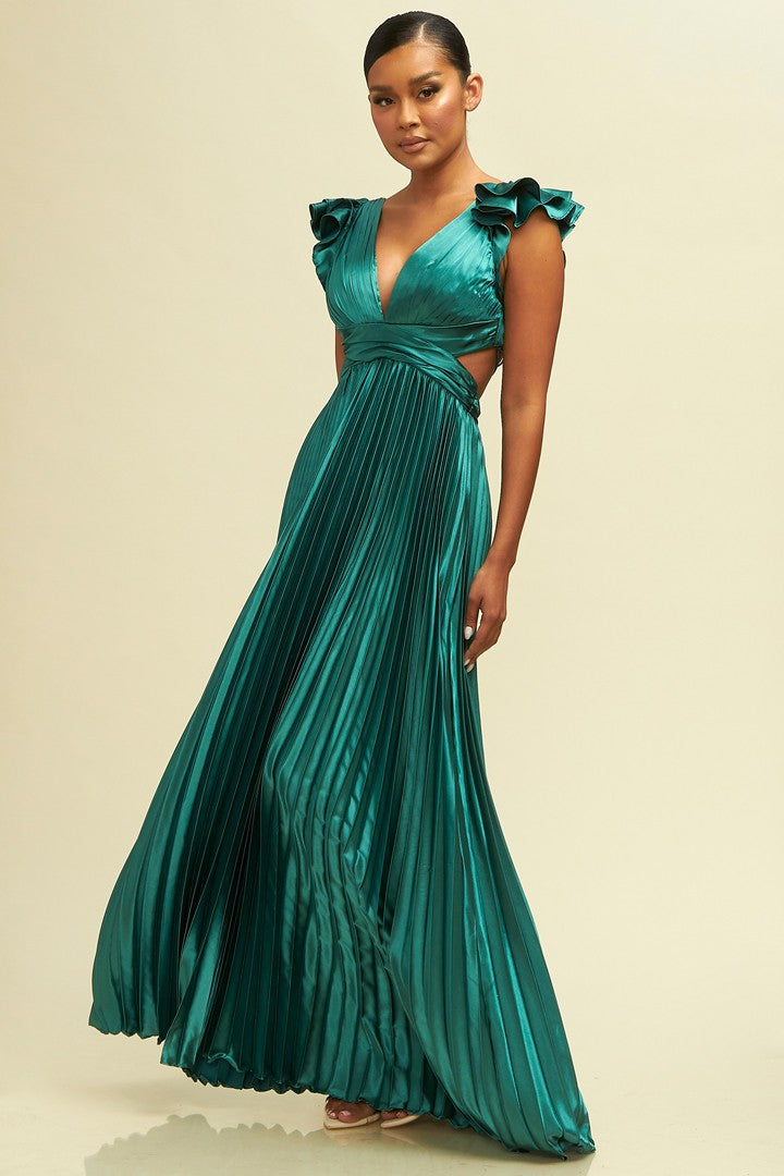 Green pleated gown with lace-up back and ruffle sleeves.