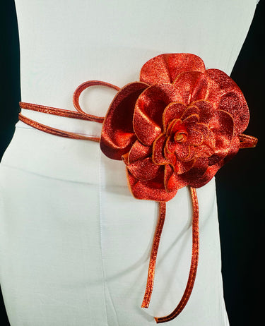 Adjustable floral leather wrap belt in orange finish