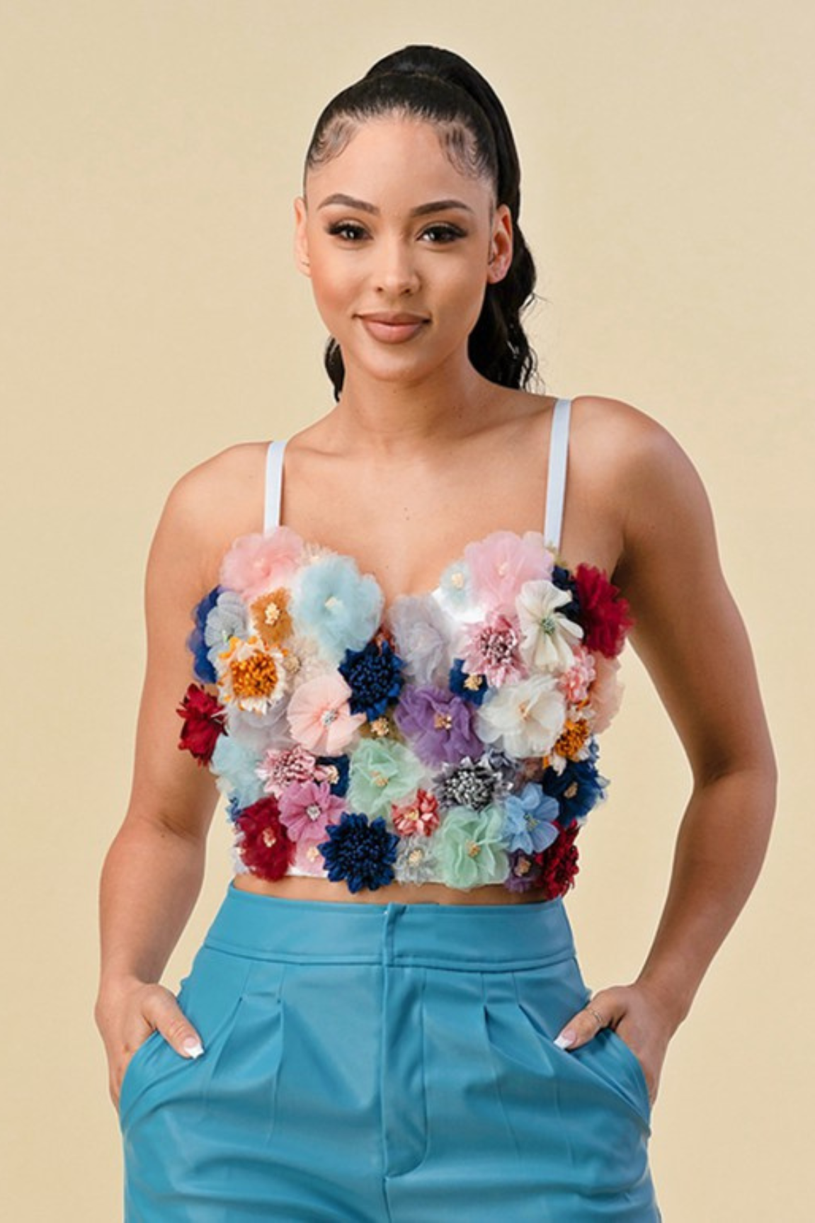 Multi Colored 3D Floral Applique bustier (White) New – Palazzo Couture  Online