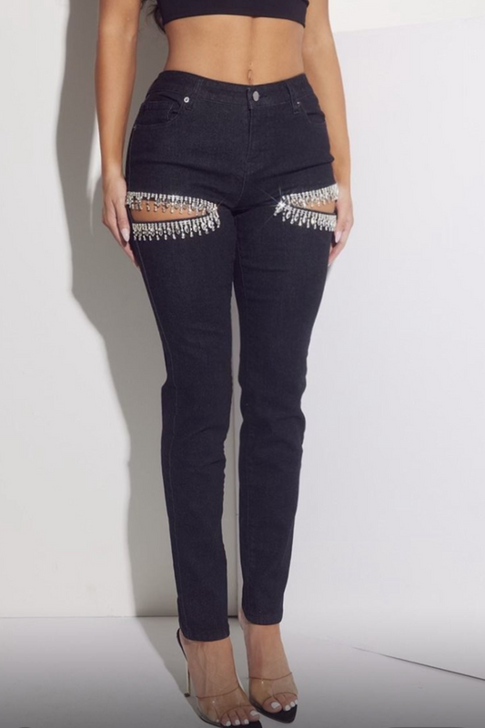 Rhianna Cut out Crystal Cascade Jeans (Black)