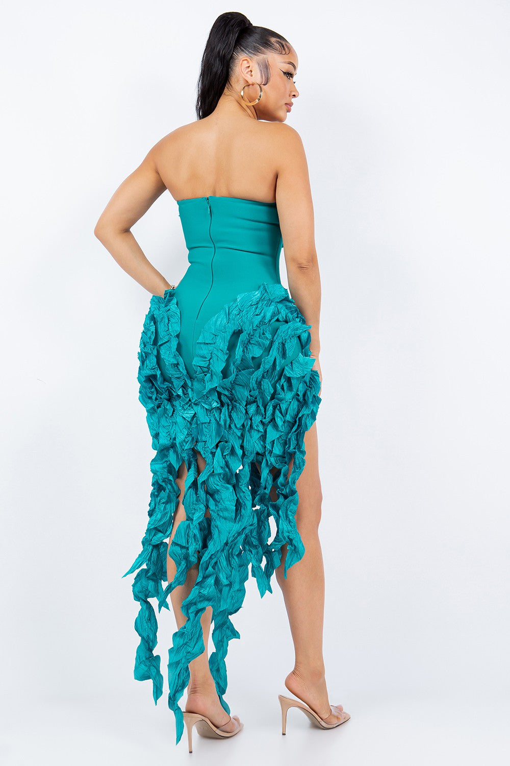 Teal ruffle strapless maxi dress showcasing intricate back details