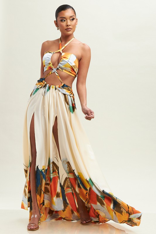 Elegant open back design of a colorful abstract print maxi dress