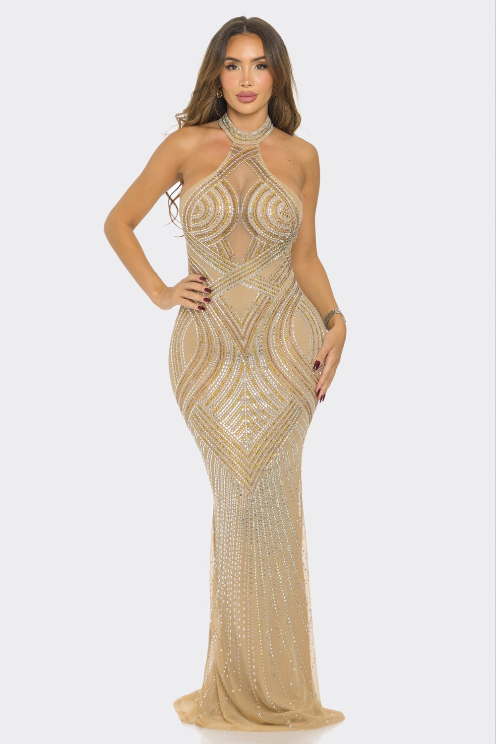 Dazzling gold rhinestone gown featuring an elegant halter neck and sheer mesh accents.