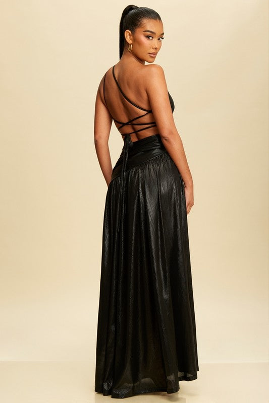 Sophisticated black maxi dress with side slit and strappy back.