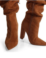 Side profile of suede over the knee boots chestnut – elegant length and silhouette