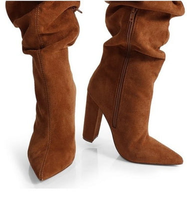 Side profile of suede over the knee boots chestnut – elegant length and silhouette
