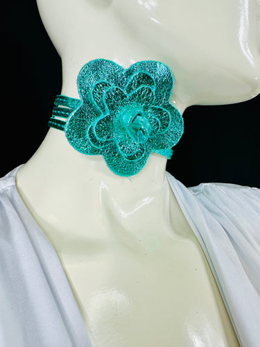 Floral Radiance Convertible Leather Wrap Belt & Choker (Turquoise)