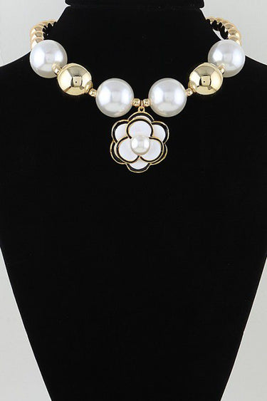 Pearled Bloom Statement Necklace - Gold Cream
