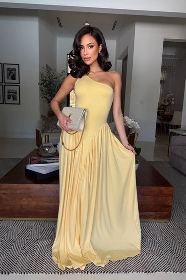 Ethereal One-Shoulder Flow Maxi Dress -Yellow
