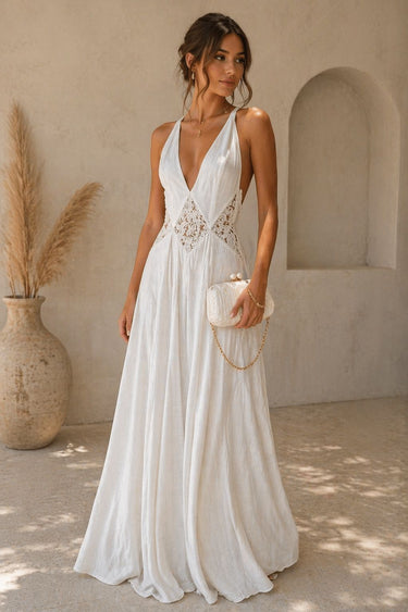 ethereal lace maxi dress Lizzie Ethereal White Lace-Up Back Maxi Dress S
