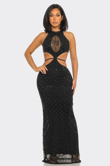Luxe Radiance Rhinestone Cutout Maxi Dress - Black