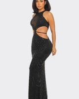 Luxe Radiance Rhinestone Cutout Maxi Dress - Black