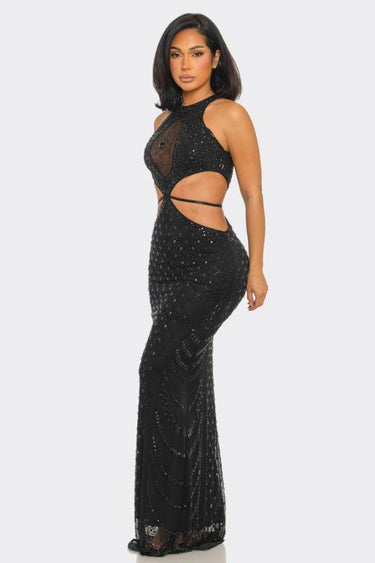 Luxe Radiance Rhinestone Cutout Maxi Dress - Black
