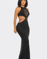 Luxe Radiance Rhinestone Cutout Maxi Dress - Black