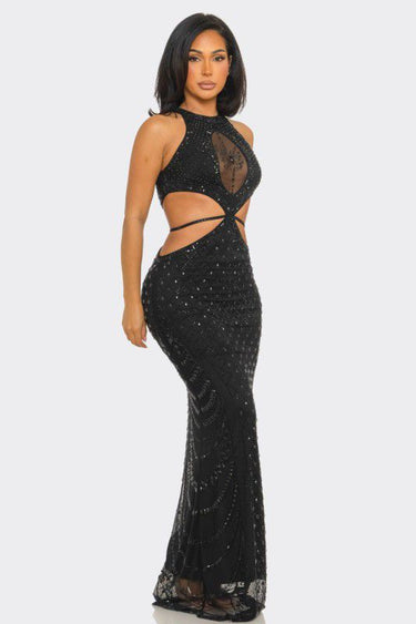 Luxe Radiance Rhinestone Cutout Maxi Dress - Black
