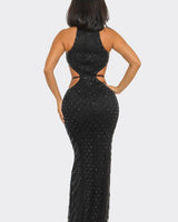 Luxe Radiance Rhinestone Cutout Maxi Dress - Black