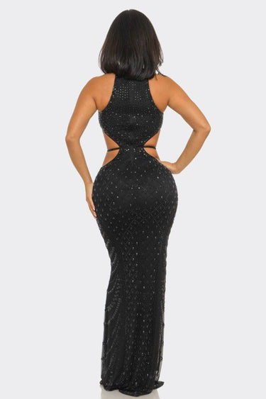 Luxe Radiance Rhinestone Cutout Maxi Dress - Black