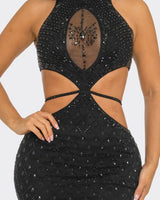 Luxe Radiance Rhinestone Cutout Maxi Dress - Black