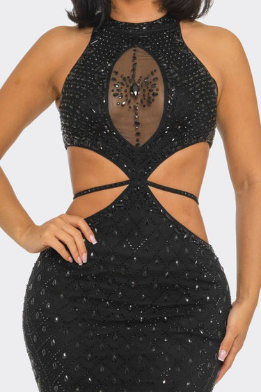 Luxe Radiance Rhinestone Cutout Maxi Dress