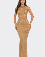 Luxe Radiance Rhinestone Cutout Maxi Dress - Brown