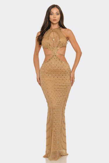 Luxe Radiance Rhinestone Cutout Maxi Dress - Brown