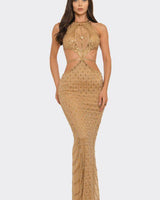 Luxe Radiance Rhinestone Cutout Maxi Dress - Brown