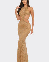 Luxe Radiance Rhinestone Cutout Maxi Dress - Brown