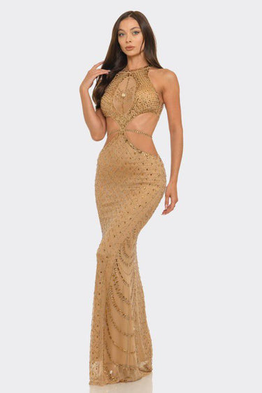 Luxe Radiance Rhinestone Cutout Maxi Dress - Brown