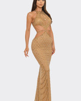 Luxe Radiance Rhinestone Cutout Maxi Dress - Brown