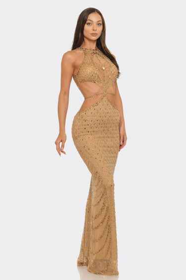 Luxe Radiance Rhinestone Cutout Maxi Dress - Brown