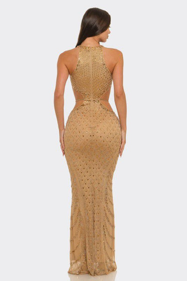 Luxe Radiance Rhinestone Cutout Maxi Dress - Brown