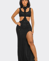 Floral Luxe Cutout Slit Maxi Dress - Black