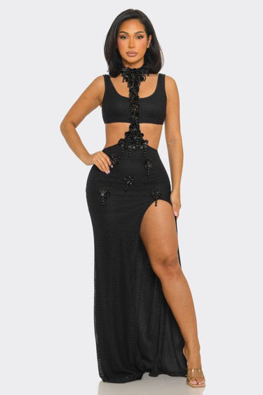 Floral Luxe Cutout Slit Maxi Dress - Black