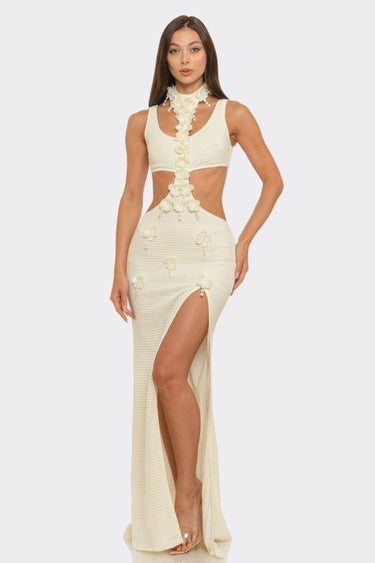 Floral Luxe Cutout Slit Maxi Dress - Ivory