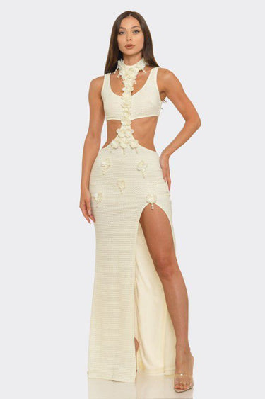 Floral Luxe Cutout Slit Maxi Dress - Ivory