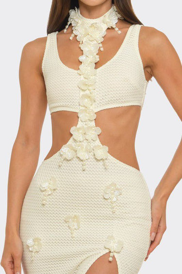 Floral Luxe Cutout Slit Maxi Dress - Ivory