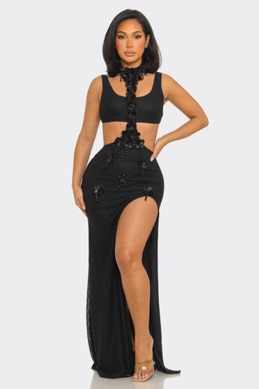 Floral Luxe Cutout Slit Maxi Dress - Black