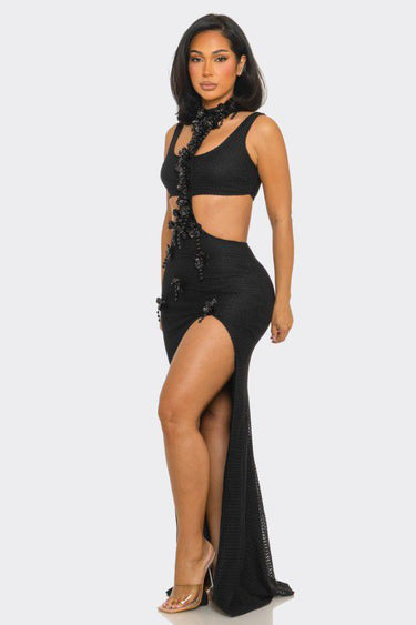 Floral Luxe Cutout Slit Maxi Dress - Black
